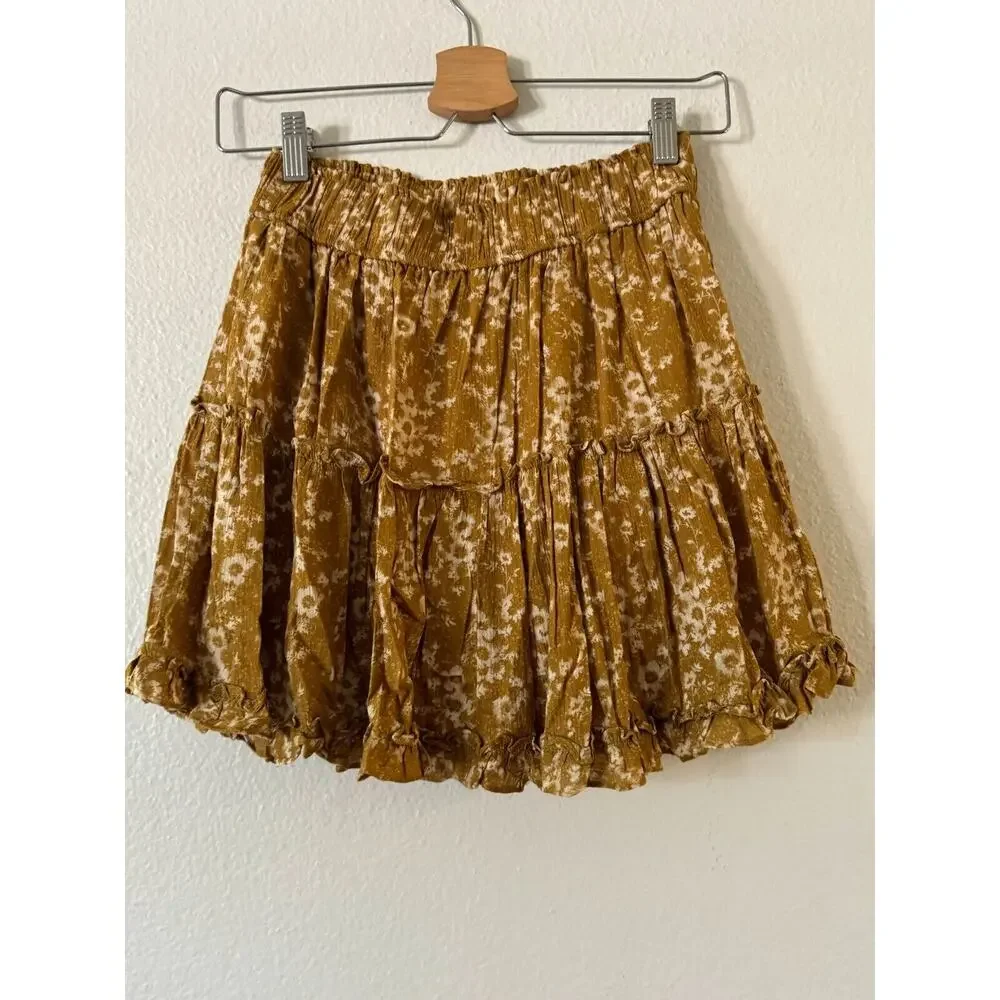 Olivaceous Floral Tiered Mini Skirt‎ Ruffle Boho Mustard Yellow Size Small Exc